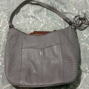 the sak Slouchy Satchel Taupe Grey Embroidered Leather with Tassels